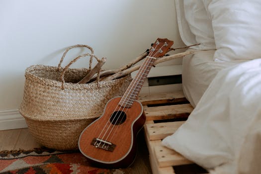 Rustic bedroom featuring a wooden ukulele, wicker basket, and pallet bed for a cozy vibe.